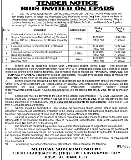 THQ Hospital Jhang Tender Notice